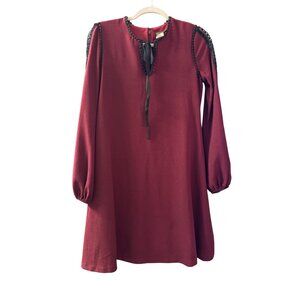 Vintage-Inspired Taylor Burgundy Dress W/ Black Crochet Trim & Ribbon Tie Neckli